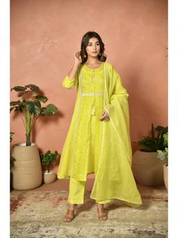 EKOHUM - Parrot Yellow Embroidered Kota Doria Kurta with Pant and Dupatta