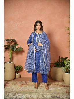 EKOHUM - Royal Blue Embroidered Kota Doria Kurta with Pant and Dupatta