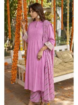 EKOHUM - Purple Embroidered Cotton Kurta with Pant and Dupatta