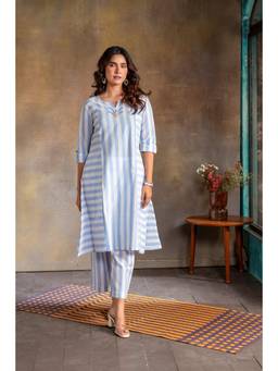 EARTHWEAR - Multi-color Hand Embroidered Cotton Three Panel Kurta with Pants
