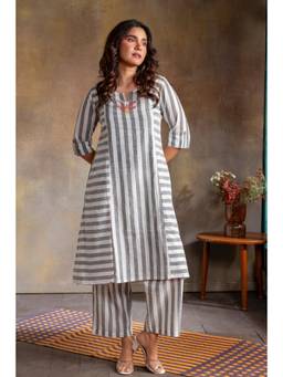 EARTHWEAR - Multi-color Striped Hand Embroidered Cotton Three Panel Kurta with Pants