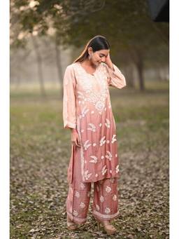 Oudhkari - Pink Embroidered Muslin Kurta with Palazzos