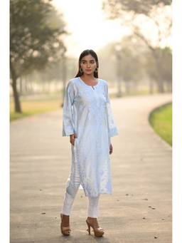 Oudhkari - White Chikankari Embroidered Banarasi Chanderi Kurta with Pants