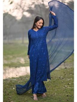 Oudhkari - Blue Chikankari Embroidered Viscose Kurta with Palazzos and Dupatta