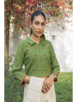 Rangsutra - Paheli Green Shirt-Collar Cotton Blouse