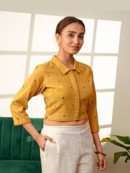 Rangsutra - Paheli Mustard Shirt-Collar Cotton Blouse