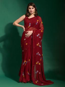 Odette - Maroon Georgette Saree with Unstitched Blouse with Unstitched