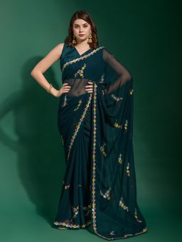 Odette - Green Georgette Saree with Unstitched Blouse with Unstitched