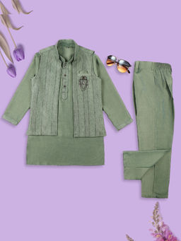 Kids Island - Boys Green Embroidery Sequins Jacket Kurta & Pant (Set of 3)