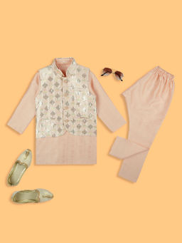 Kids Island - Boys Peach Traditional Modern Touch Nehru Jacket Kurta & Pyjama (Set of 3)