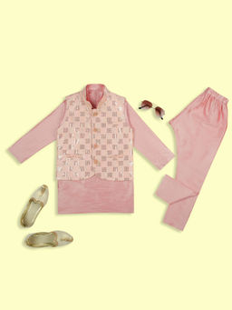 Kids Island - Boys Pink Elegant Outfit Sequins Nehru Jacket Kurta & Pyjama (Set of 3)