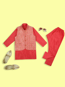 Kids Island - Boys Tomato Red Sequins Nehru Jacket Kurta & Pyjama (Set of 3)