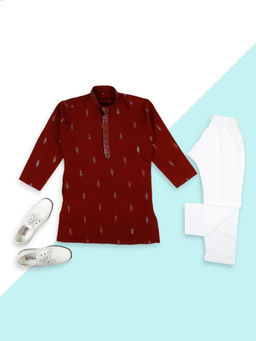 Kids Island - Boys Maroon Silk Sequins Embroidery Kurta & Pyjama (Set of 2)