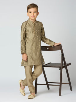 Kids Island - Boys Grey Chanderi Buta Kurta & Pyjama (Set of 2)
