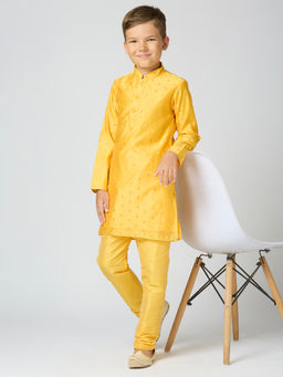 Kids Island - Boys Yellow Chanderi Buta Kurta & Pyjama (Set of 2)