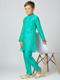 Kids Island - Boys Green Chanderi Buta Kurta & Pyjama (Set of 2)