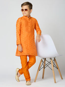Kids Island - Boys Orange Chanderi Buta Kurta & Pyjama (Set of 2)
