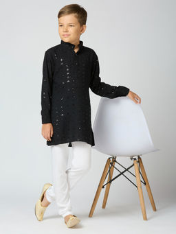 Kids Island - Boys Black Cotton Sequin Kurta & Pyjama (Set of 2)