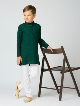 Kids Island - Boys Green Cotton Sequin Kurta & Pyjama (Set of 2)
