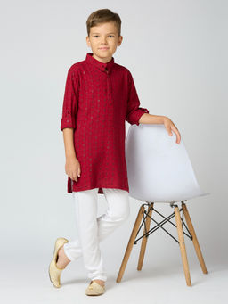Kids Island - Boys Maroon Cotton Sequin Kurta & Pyjama (Set of 2)