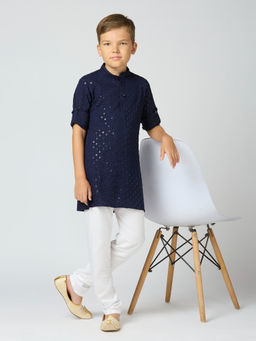 Kids Island - Boys Navy Blue Cotton Sequin Kurta & Pyjama (Set of 2)