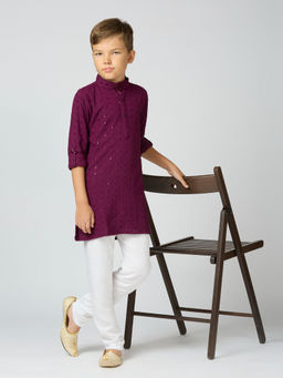 Kids Island - Boys Wine Cotton Sequin Kurta & Pyjama (Set of 2)
