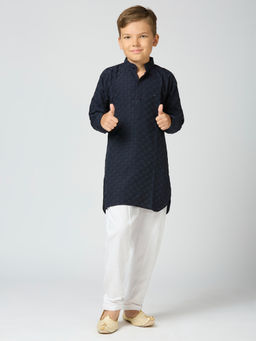 Kids Island - Boys Navy Blue Cotton Kurta & Pyjama (Set of 2)
