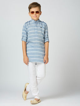 Kids Island - Boys Blue Stripes Cotton Kurta & Pyjama (Set of 2)