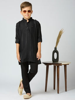 Kids Island - Boys Black Stripes Cotton Kurta & Pyjama (Set of 2)