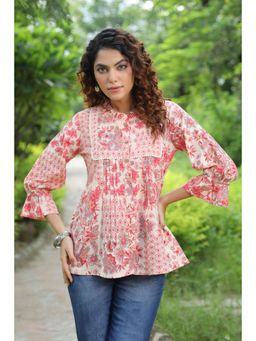 Rain & Rainbow - Peach Floral Printed Top, Round Neck With Ruffle