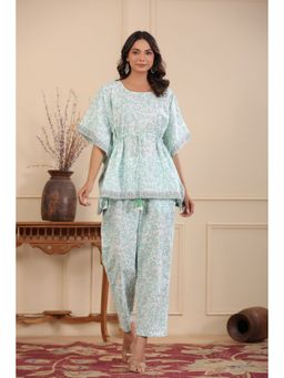 Rain & Rainbow - Sea Green Floral Printed Pure Cotton Kaftan Top With Trousers (Set of 2)