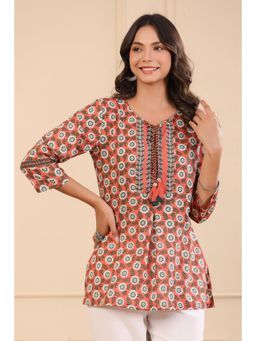 Rain & Rainbow - Peach Floral Printed Tie Up Neck Pure Cotton Kurti