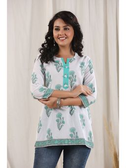 Rain & Rainbow - Teal Floral Printed Pure Cotton Kurti