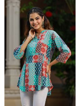 Rain & Rainbow - Blue Patch Printed Mandarin Collar Roll-Up Sleeves Cotton A-Line Tops