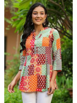 Rain & Rainbow - Red Patch Printed Mandarin Collar Roll-Up Sleeves Cotton A-Line Tops