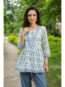 Rain & Rainbow - Cream Floral Printed Tie-Up Detail Pure Cotton Top