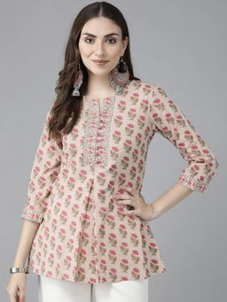 Rain & Rainbow - Peach Notch Neck Floral Printed Sequinned Pure Cotton A-Line Kurti
