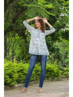 Rain & Rainbow - Cream & Blue Floral Printed Sequinned Pure Cotton Kurti