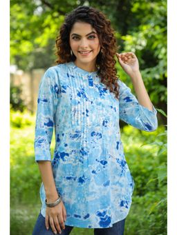Rain & Rainbow - Blue & White Printed Pure Cotton Pleated Kurti