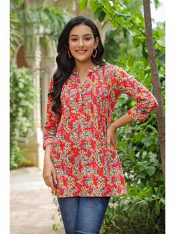 Rain & Rainbow - Red Floral Printed Mandarin Collar Pure Cotton Regular Kurti