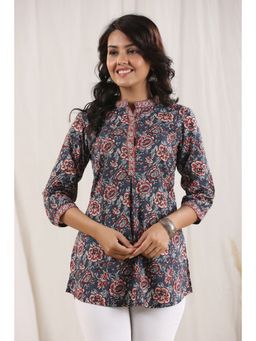 Rain & Rainbow - Blue Floral Printed Mandarin Collar Pure Cotton Kurti