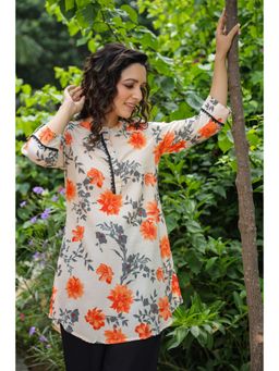 Rain & Rainbow - Orange & Cream Floral Printed Pure Cotton Kurti