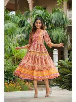 Rain & Rainbow - Beige Pure Cotton Ethnic Motifs Print Anarkali Kurta Dress