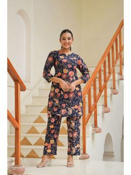 Rain & Rainbow - Navy Blue Floral Regular Cotton A-Line Kurta With Trousers (Set of 2)