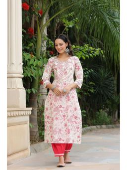 Rain & Rainbow - Cream Floral Embroidered Pure Cotton Straight Kurta With Salwar (Set of 2)