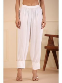 Rain & Rainbow - White Solid Viscose Rayon Cropped Afghan Salwar