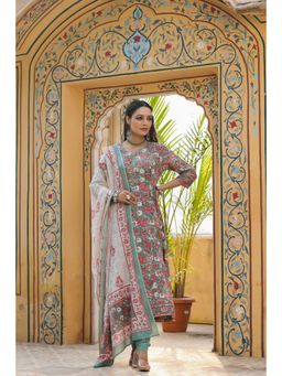 Rain & Rainbow - Green Floral Sequined Anarkali Kurta With Churidar And Dupatta (Set of 3)