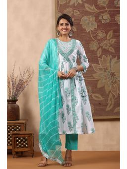 Rain & Rainbow - Teal Floral Anarkali Pure Cotton Kurta With Trousers & With Dupatta (Set of 3)