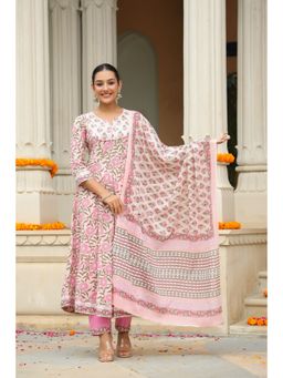 Rain & Rainbow - Pink Floral Sequinned Cotton Anarkali Kurta With Trousers & Dupatta (Set of 3)