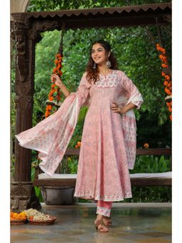 Rain & Rainbow - Pink Floral Anarkali Cotton Kurta With Trousers And Dupatta (Set of 3)